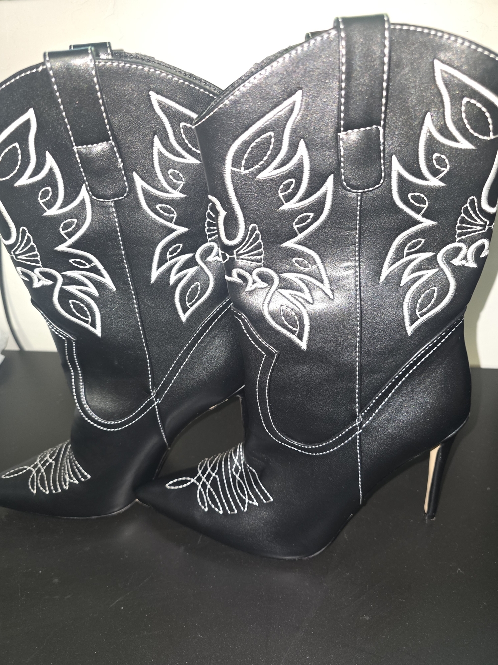Black Western-Stitched High Heel Boots - Women